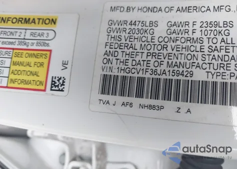 2018 Honda Accord Sport from USA, damaged, VIN 1HGCV1F36JA159429